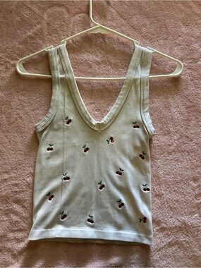 Cream Ribbed V-Neck Tank with Cherry Embroidery